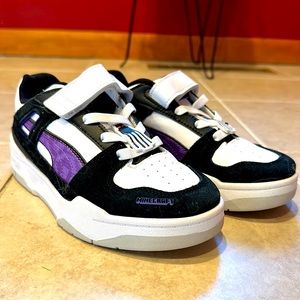 Worn only once! Basically bran new. Purple, Black and White. Minecraft accents.